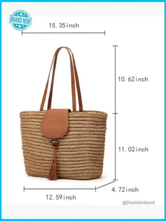 Woven Straw Tote Bag Large Beach Shoulder Purse Boho Minimal Chic Summer - Picture 5 of 7